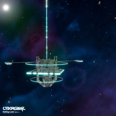 A blocky structure floats in outer space.